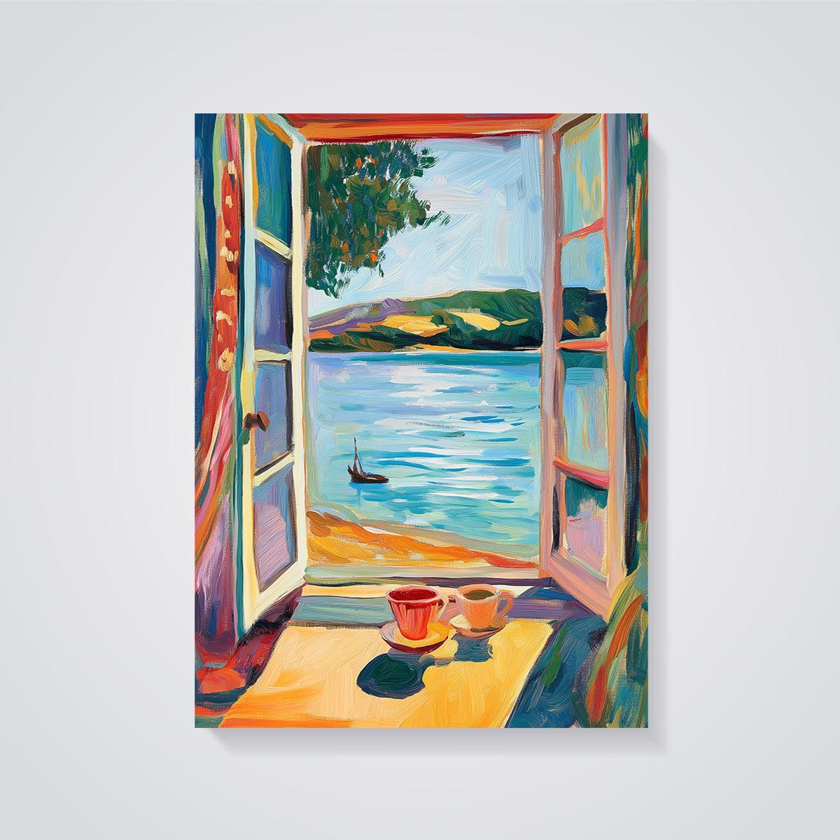 Coastal Window Coffee Print unframed on a grey background