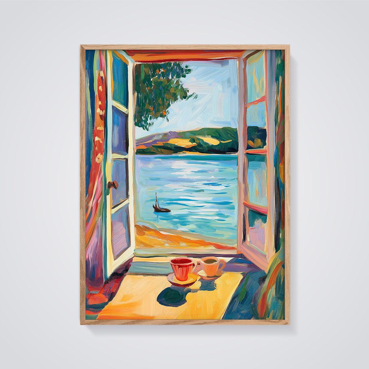 Coastal Window Coffee Print framed in oak on a grey background