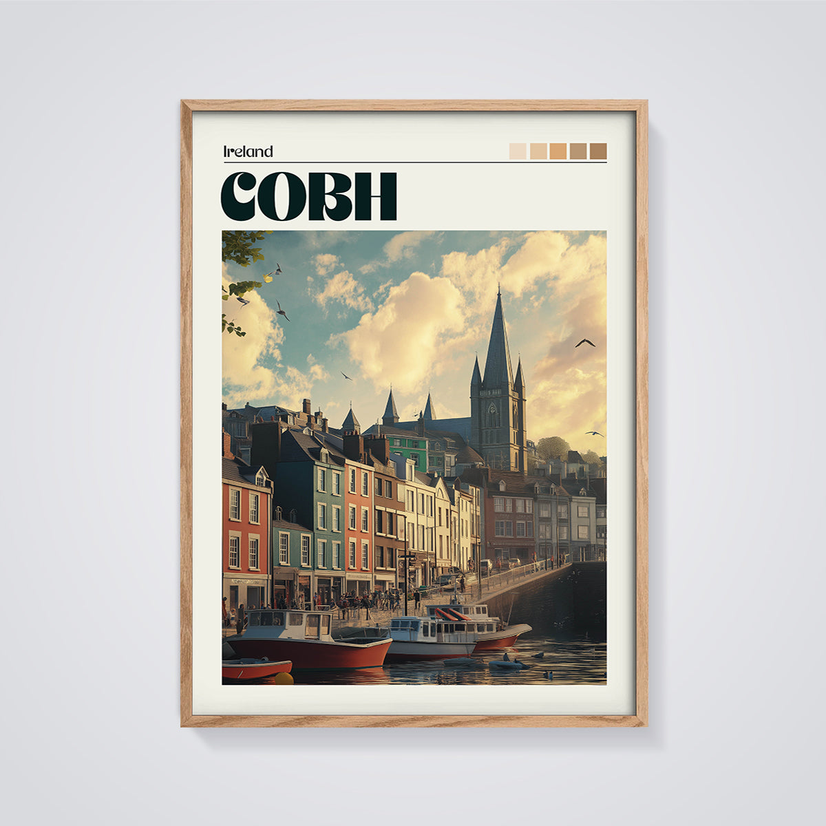 Cobh Ireland Waterfront Print framed in oak on a grey background