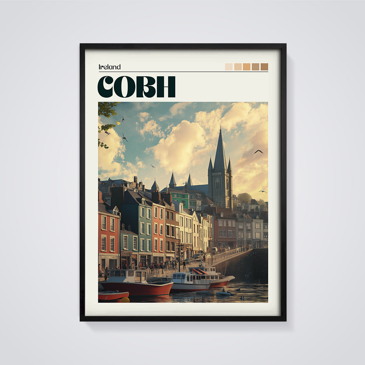 Cobh Ireland Waterfront Print framed in black on a grey background