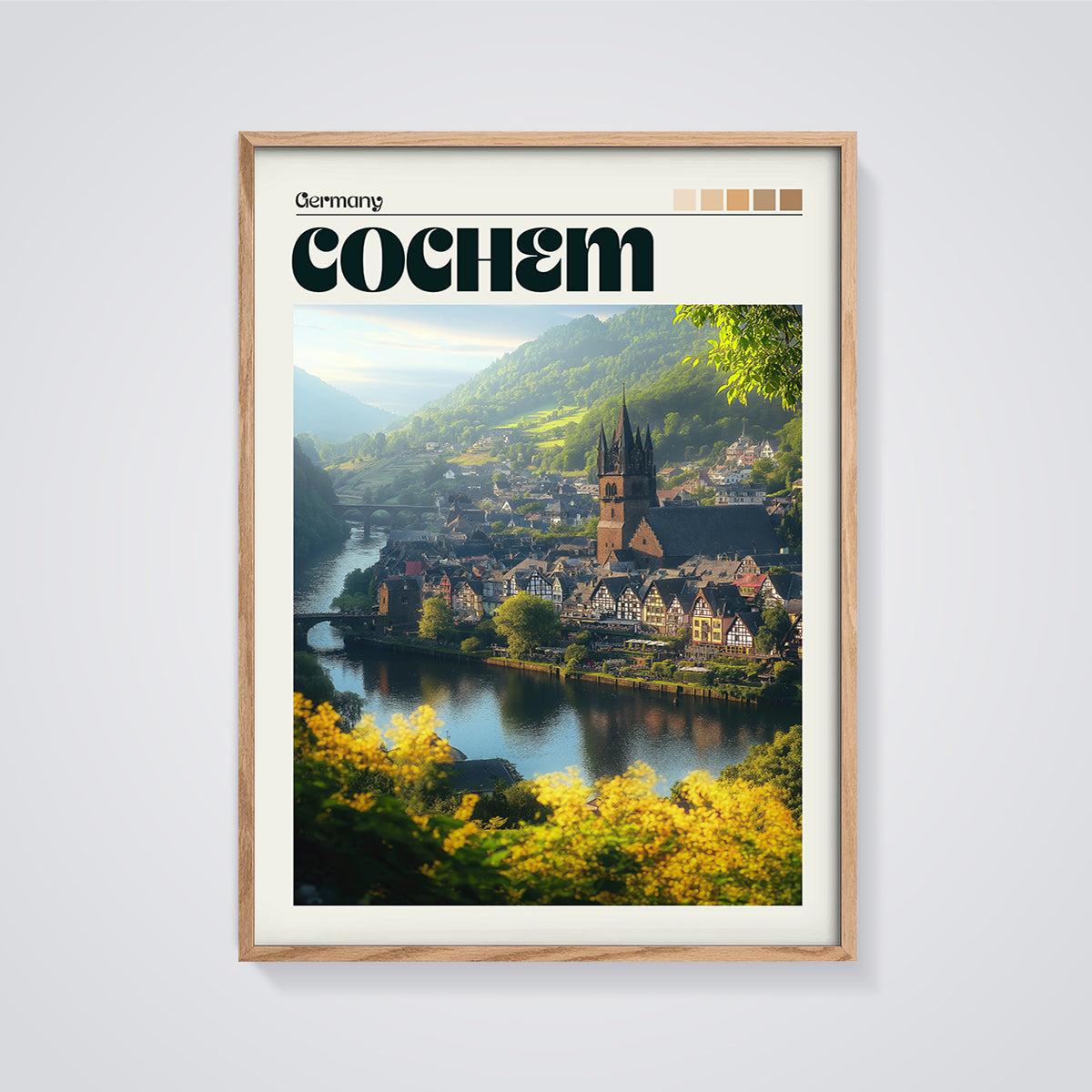 Cochem Germany Townscape Print framed in oak on a grey background