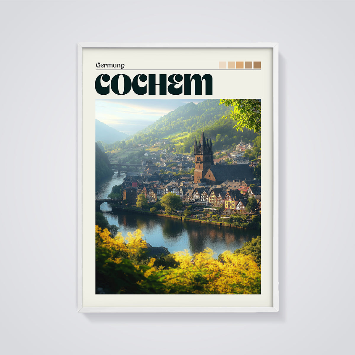 Cochem Germany Townscape Print framed in white on a grey background