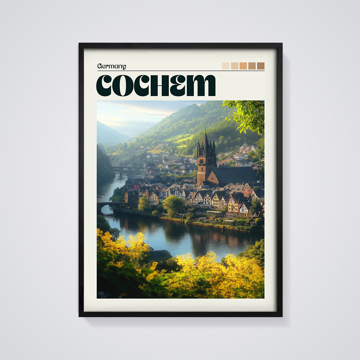 Cochem Germany Townscape Print framed in black on a grey background