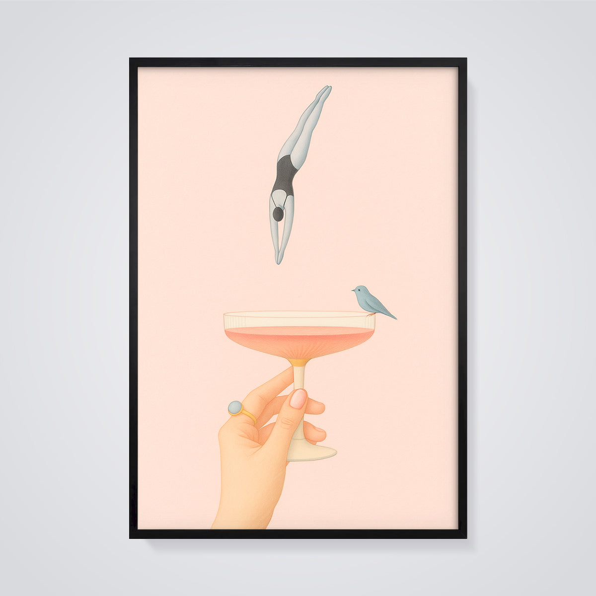 Cocktail Dive Print framed in black on a grey background