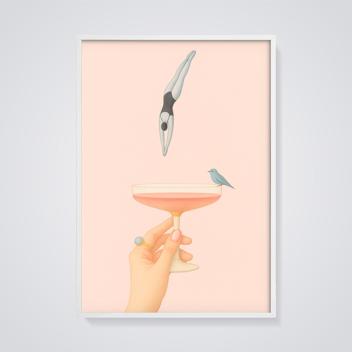 Cocktail Dive Print framed in white on a grey background