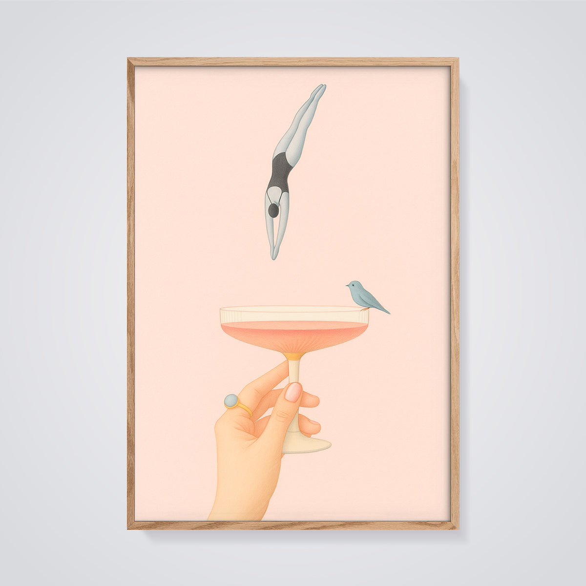 Cocktail Dive Print framed in oak on a grey background