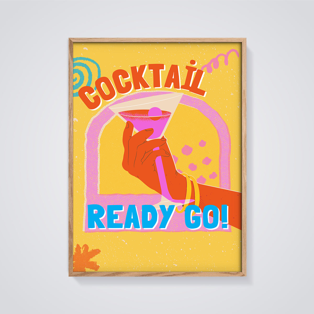 Cocktail Ready Go! Print framed in oak on a grey background