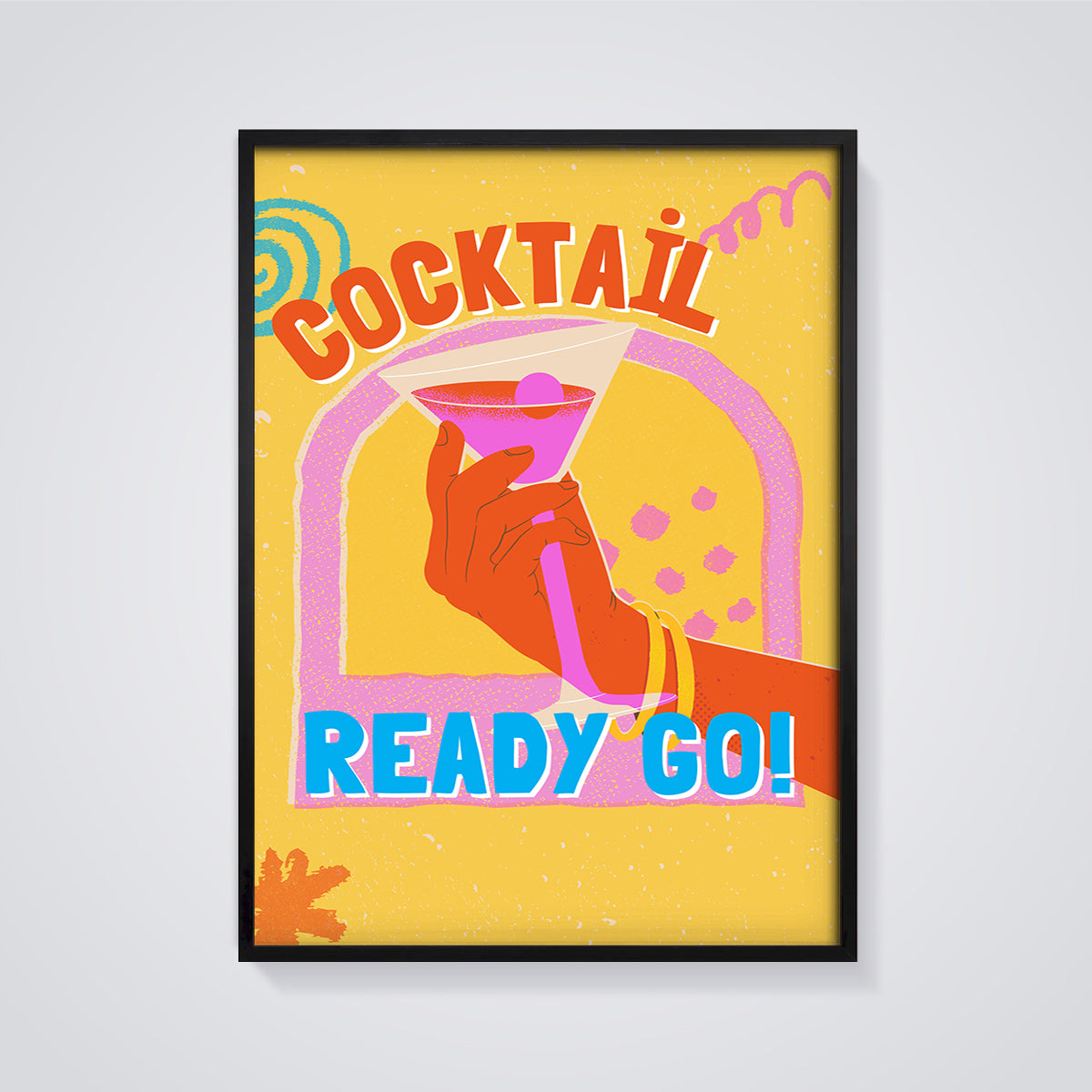 Cocktail Ready Go! Print framed in black on a grey background