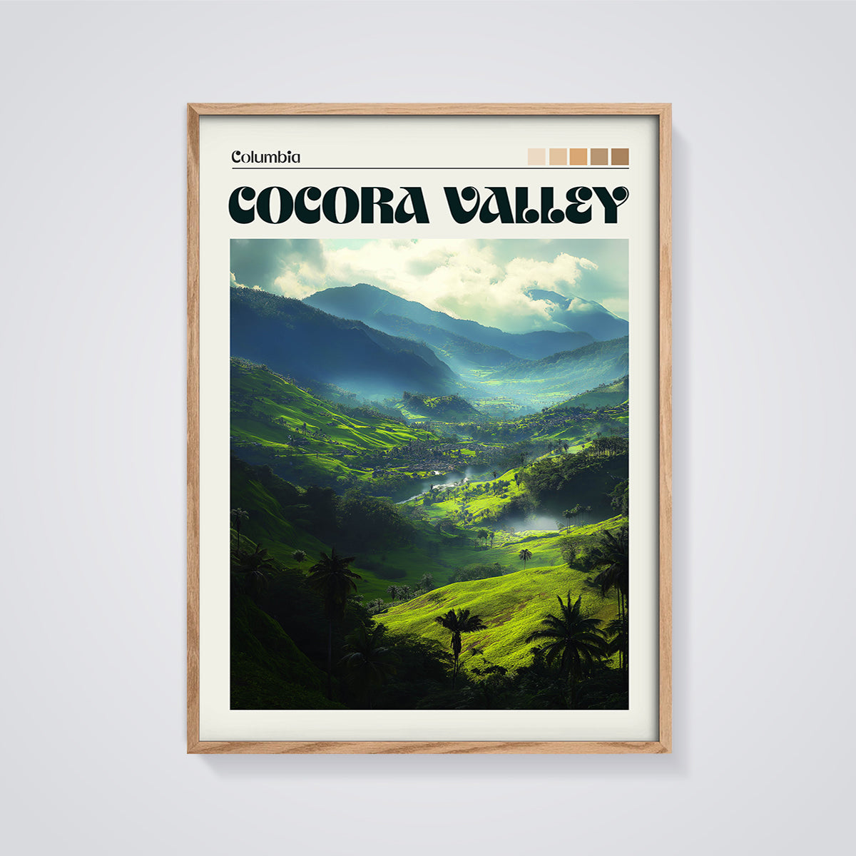 Cocora Valley Green Landscape Print framed in oak on a grey background