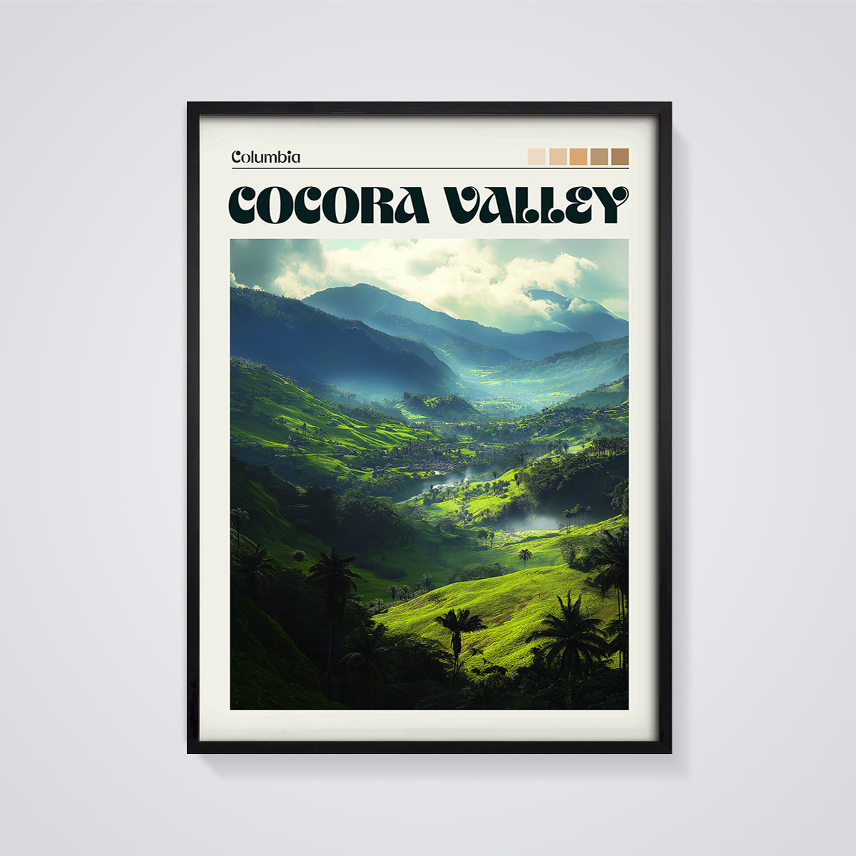 Cocora Valley Green Landscape Print framed in black on a grey background