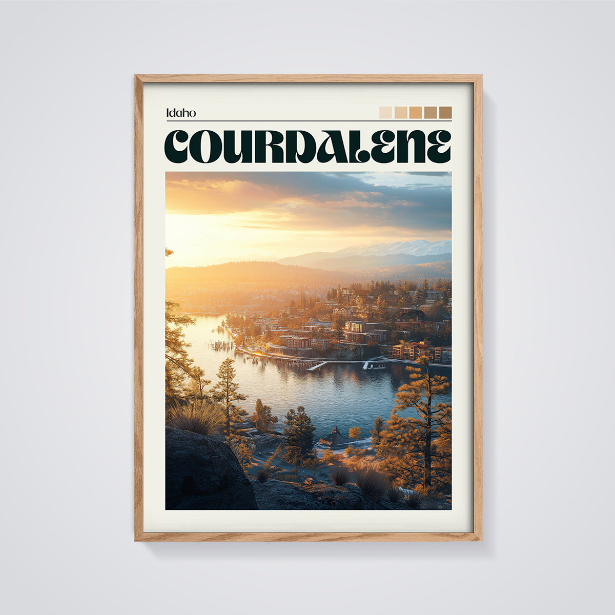 Coeur d'Alene Idaho Golden Hour Print framed in oak on a grey background