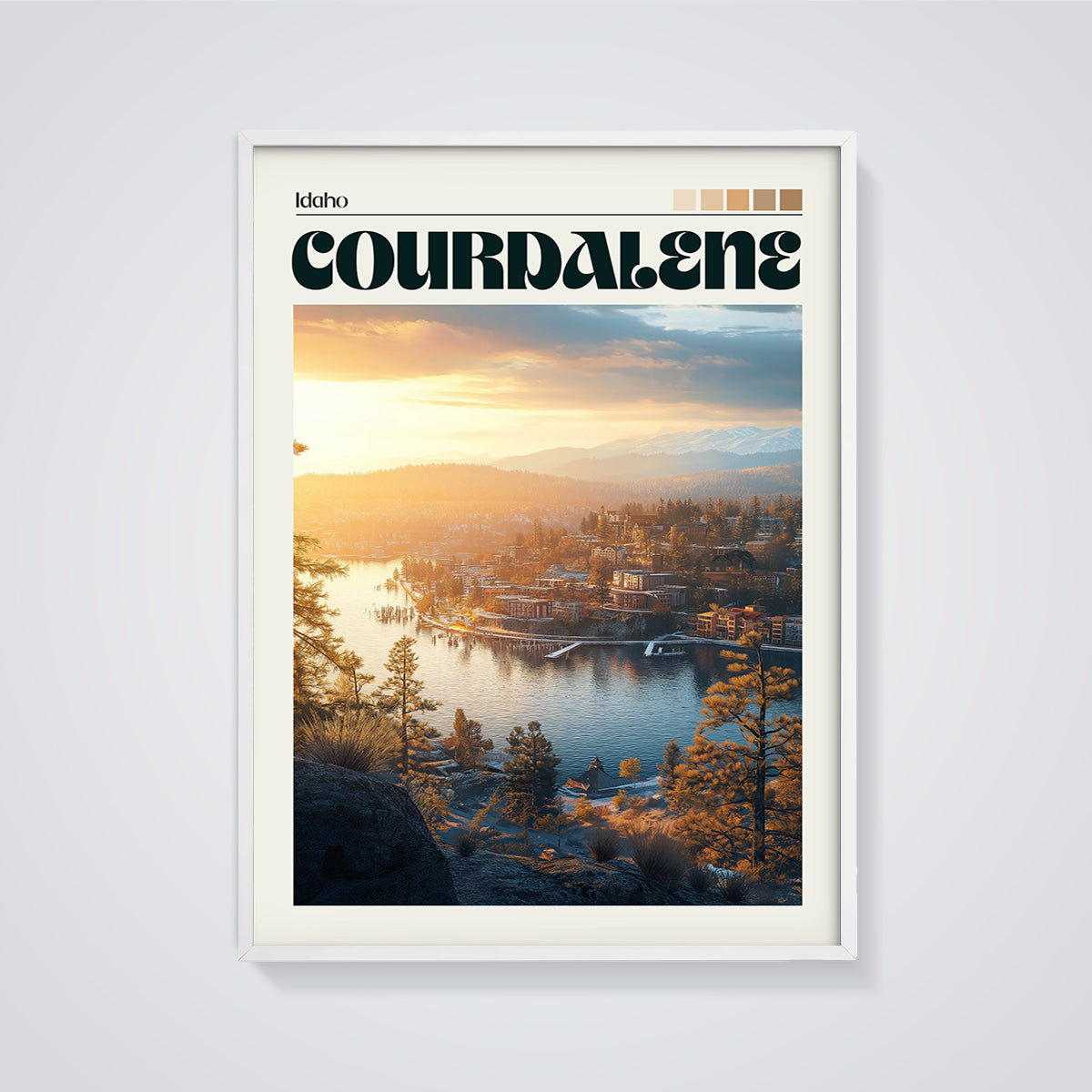 Coeur d'Alene Idaho Golden Hour Print framed in white on a grey background