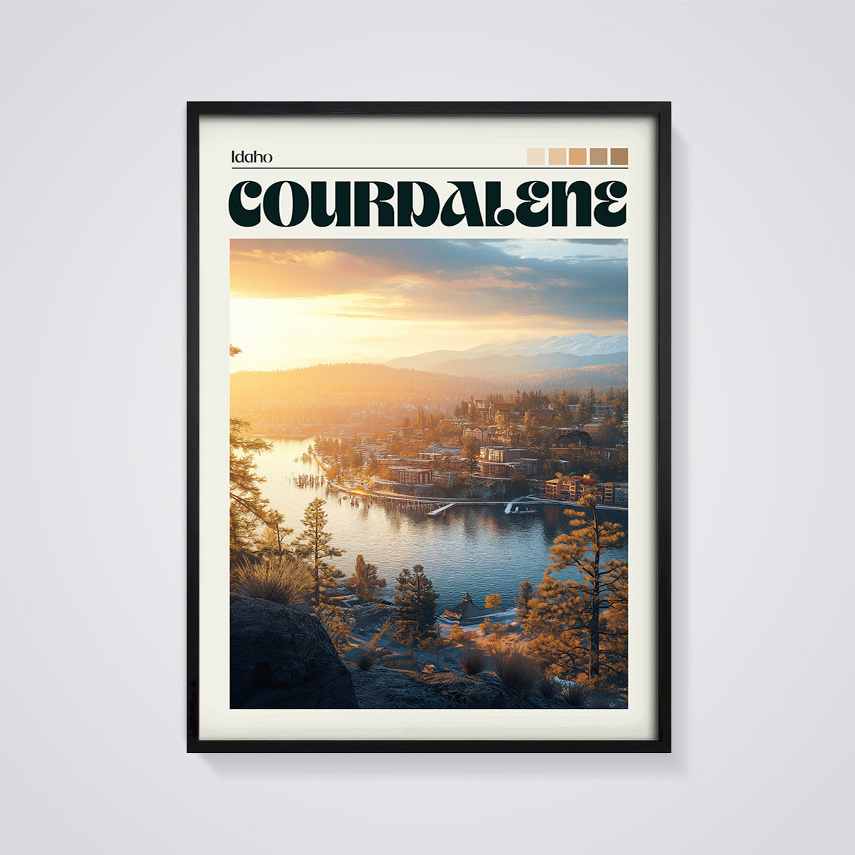 Coeur d'Alene Idaho Golden Hour Print framed in black on a grey background