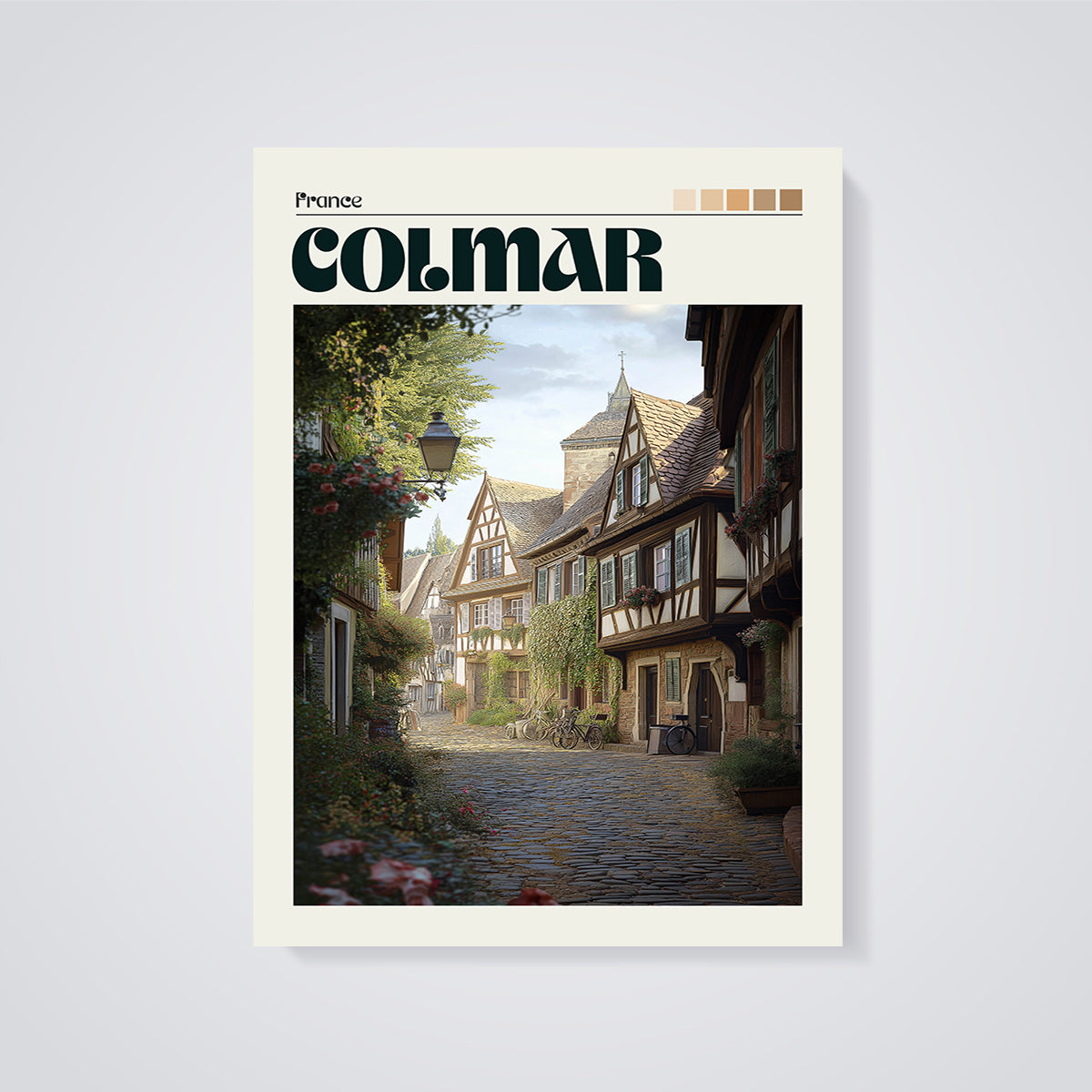 Colmar Cobblestone Street Print unframed on a grey background