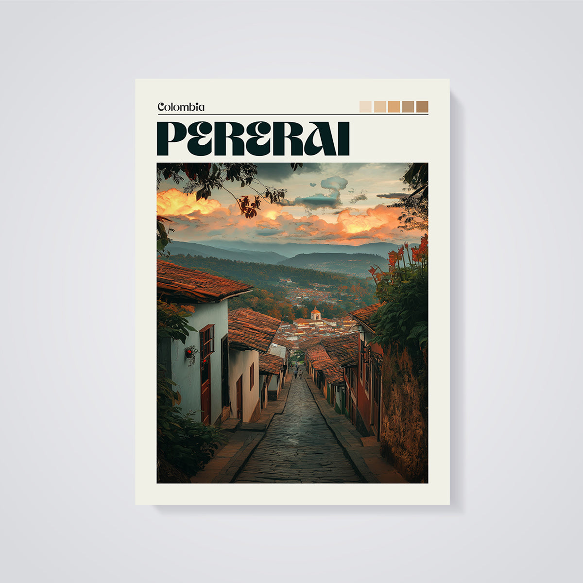 Colombia Pereira Cobblestone Street Print unframed on a grey background