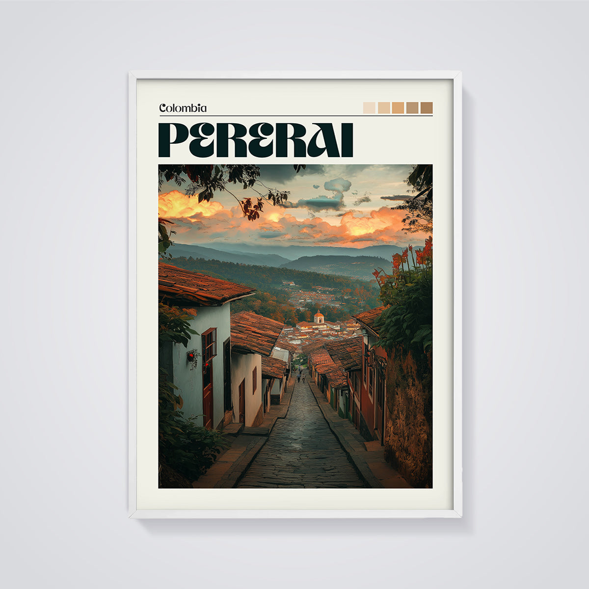 Colombia Pereira Cobblestone Street Print framed in white on a grey background