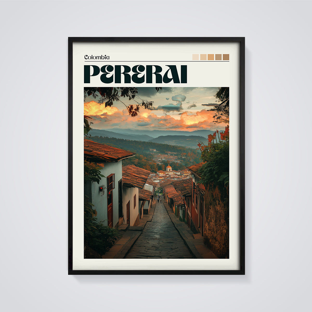 Colombia Pereira Cobblestone Street Print framed in black on a grey background