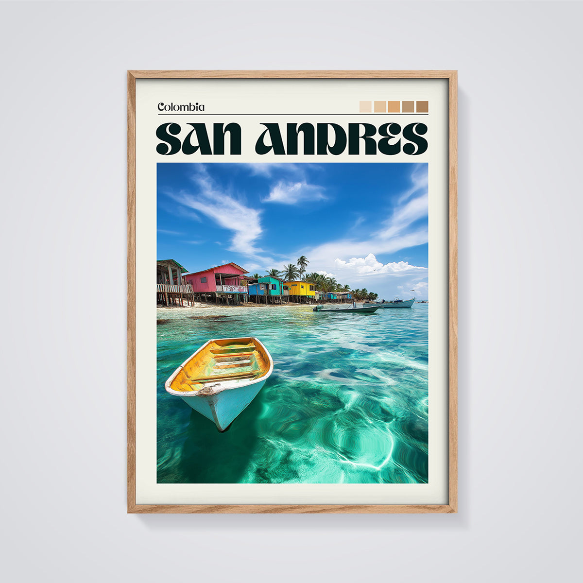 Colombia San Andres Travel Print framed in oak on a grey background