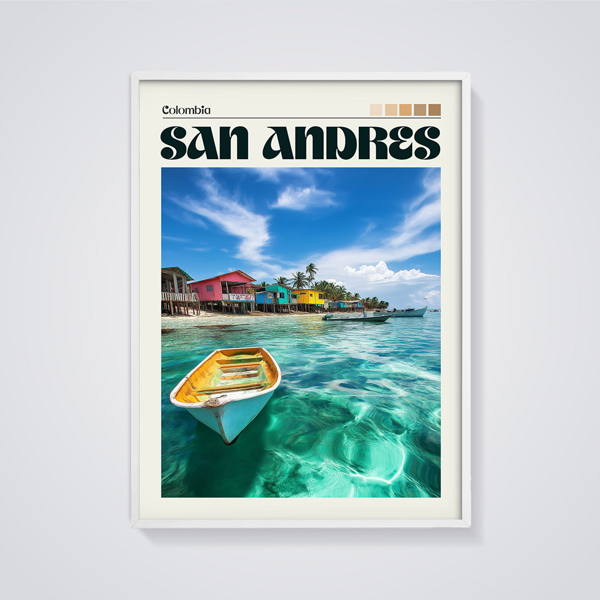 Colombia San Andres Travel Print framed in white on a grey background