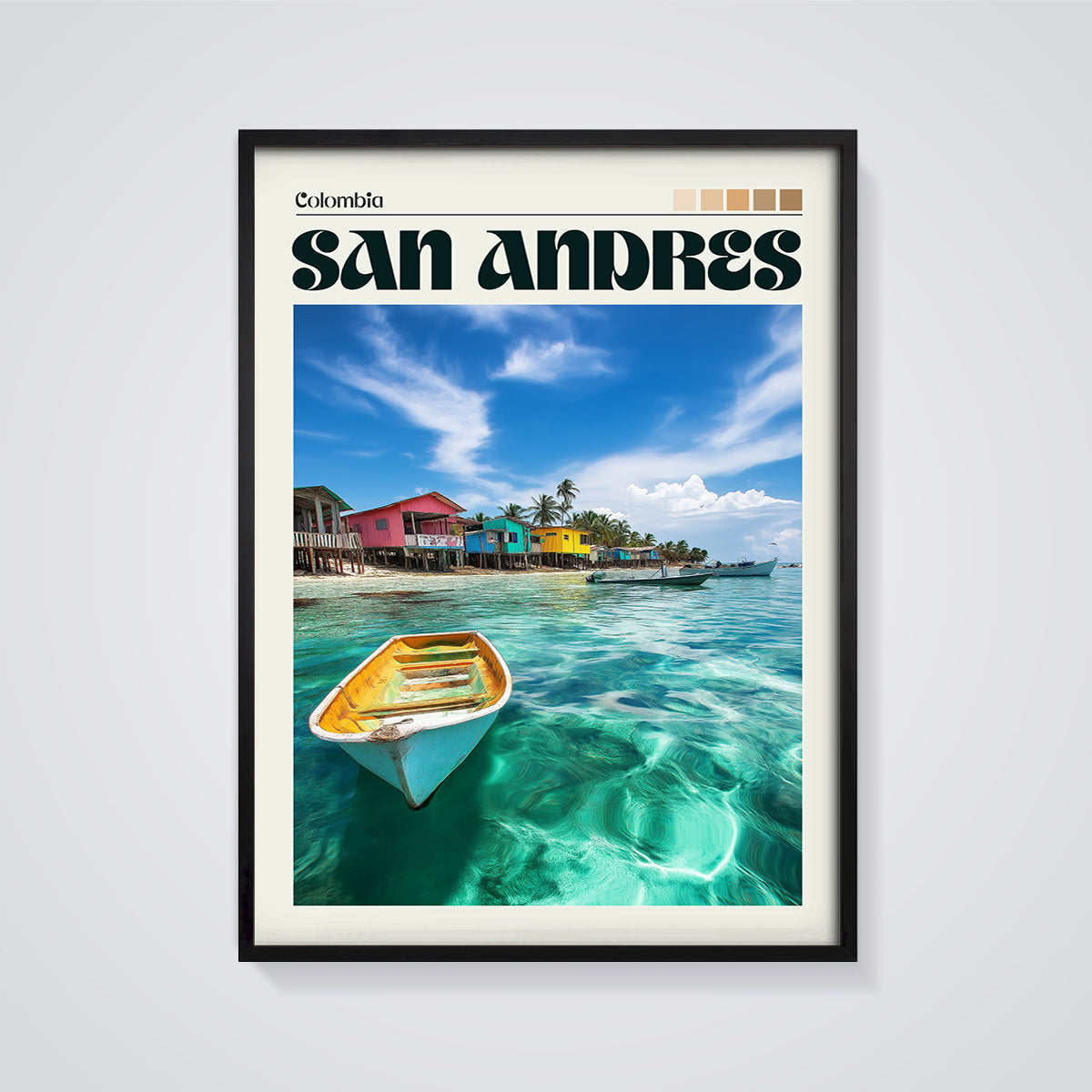 Colombia San Andres Travel Print framed in black on a grey background
