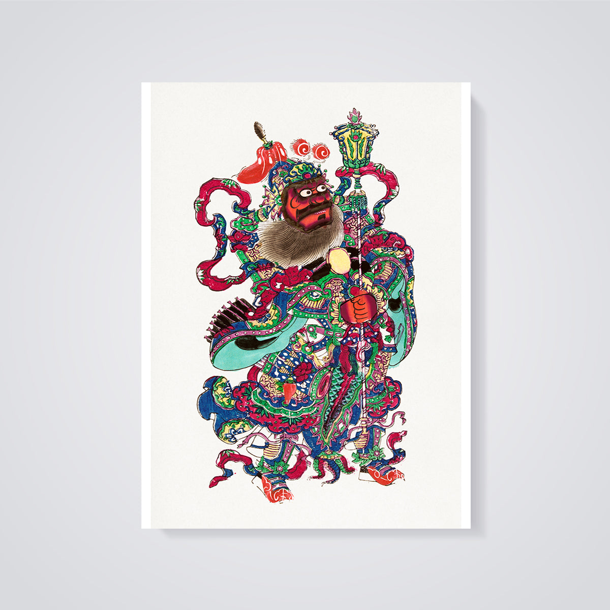 Colorful Chinese Guardian Print unframed on a grey background
