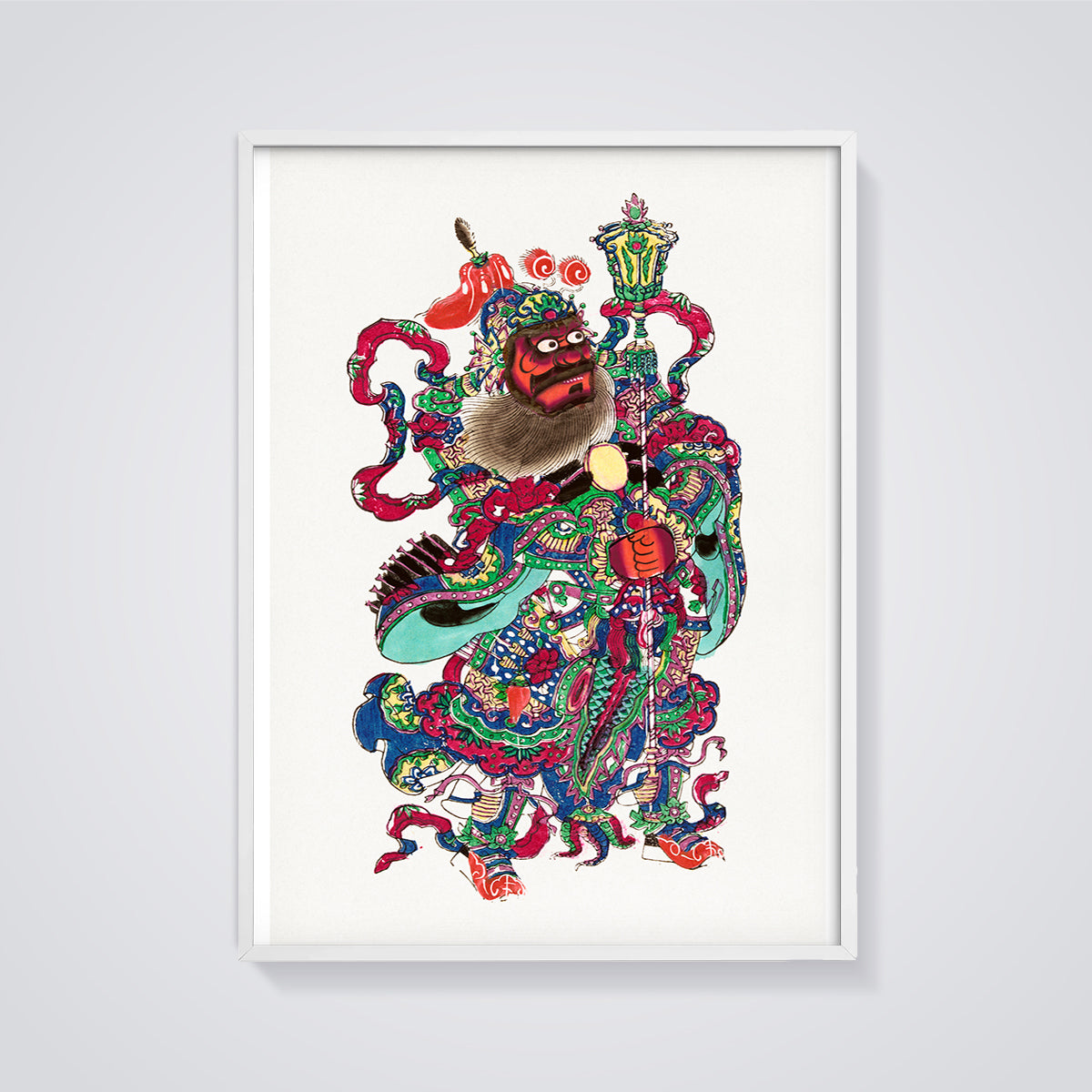 Colorful Chinese Guardian Print framed in white on a grey background