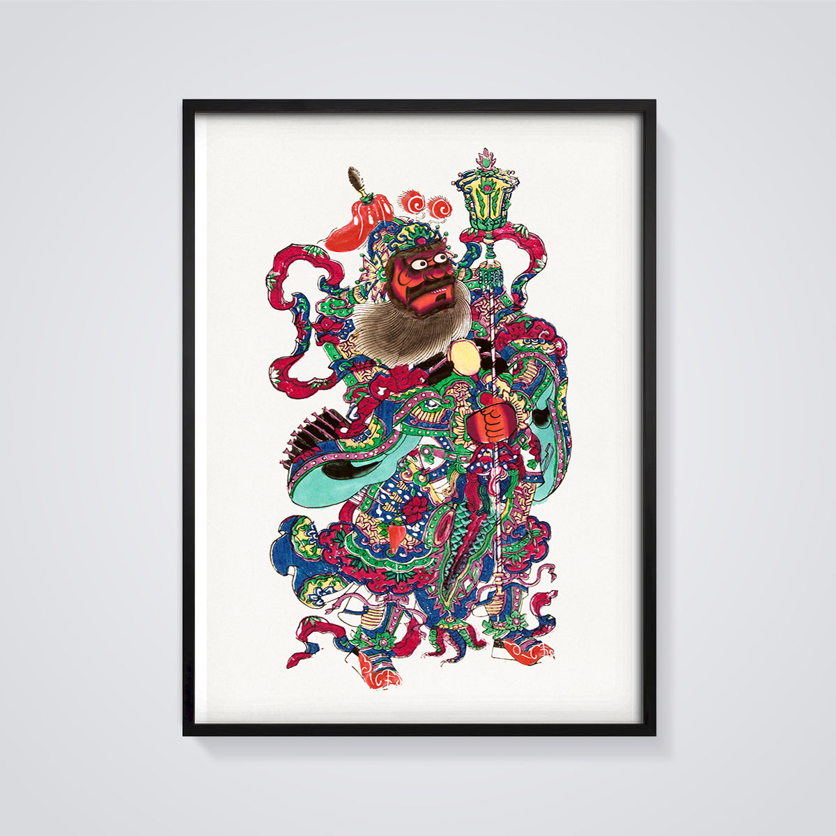 Colorful Chinese Guardian Print framed in black on a grey background