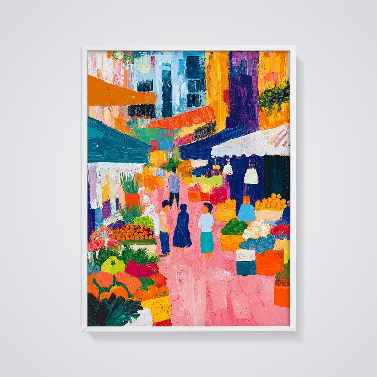 Colorful Market Scene Print framed in white on a grey background