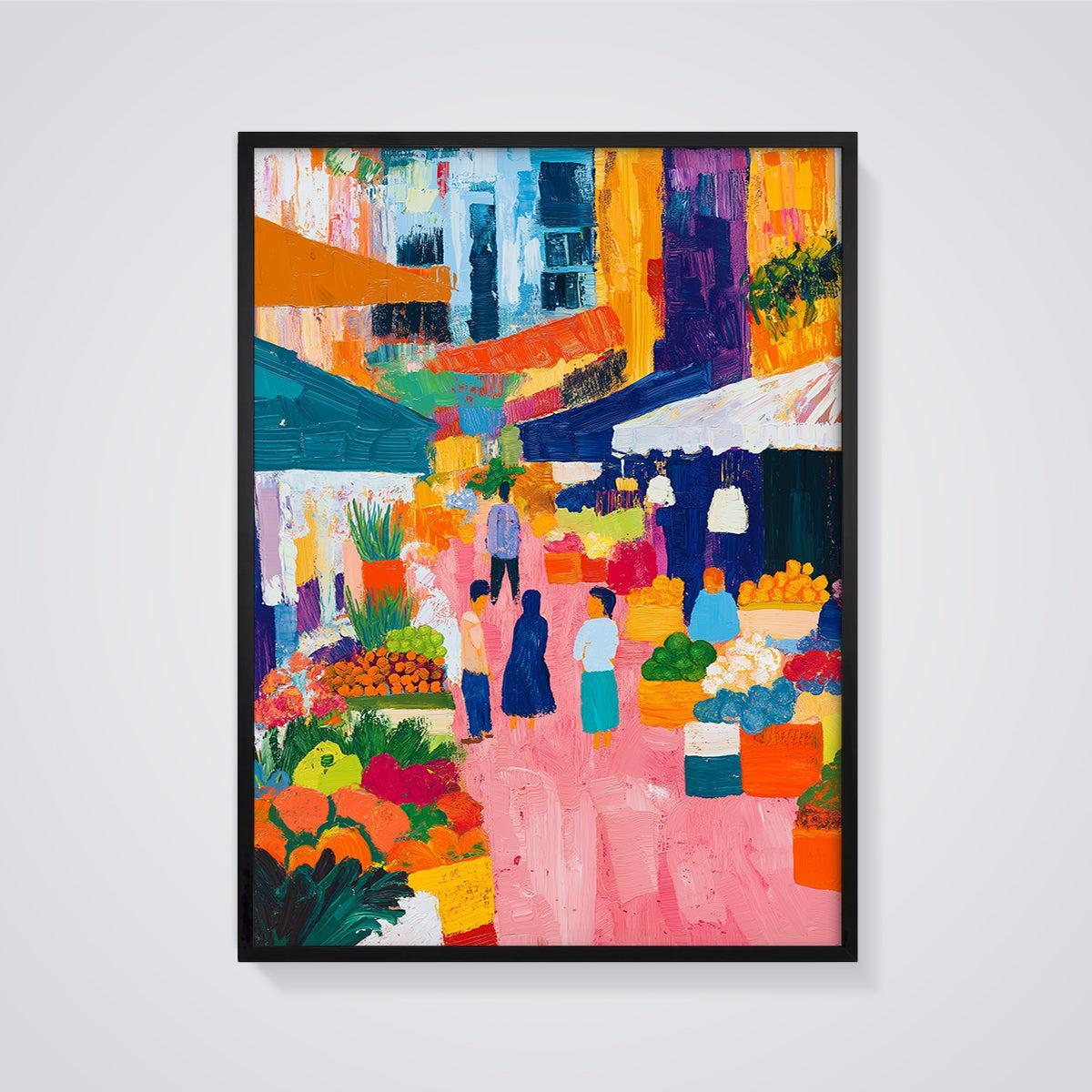 Colorful Market Scene Print framed in black on a grey background