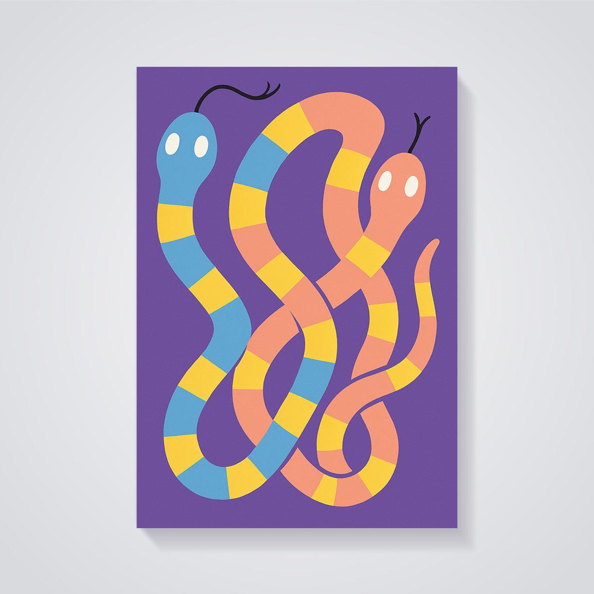 Colorful Striped Snake Duo Print unframed on a grey background