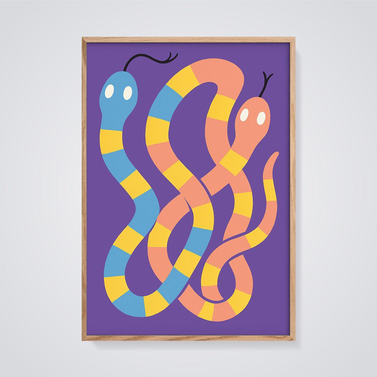 Colorful Striped Snake Duo Print framed in oak on a grey background