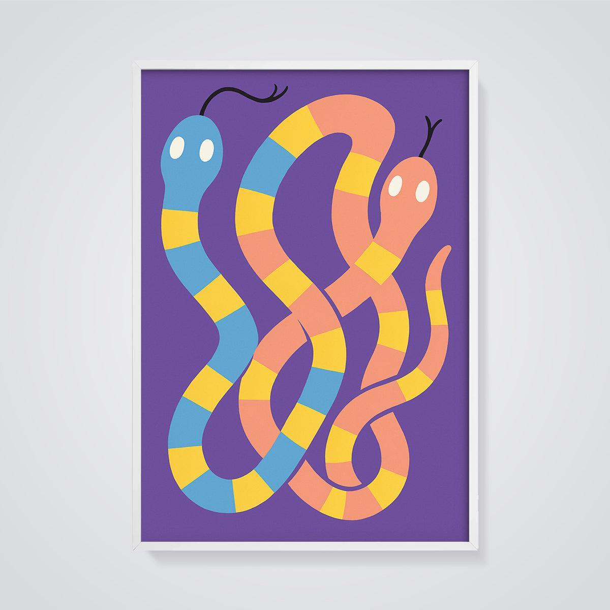 Colorful Striped Snake Duo Print framed in white on a grey background