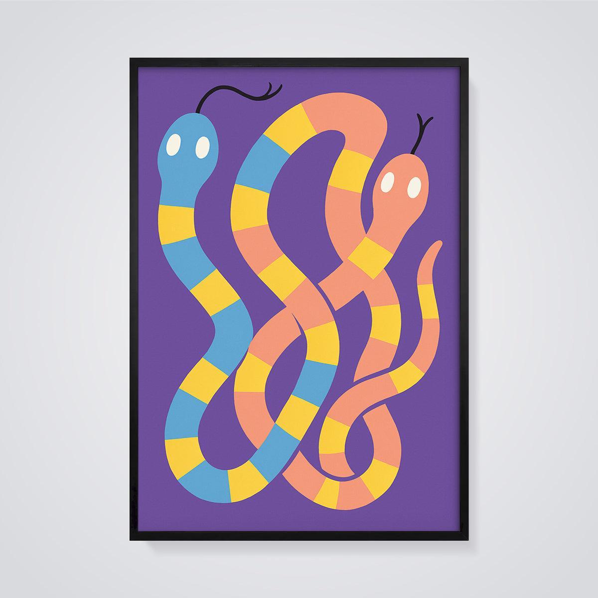 Colorful Striped Snake Duo Print framed in black on a grey background