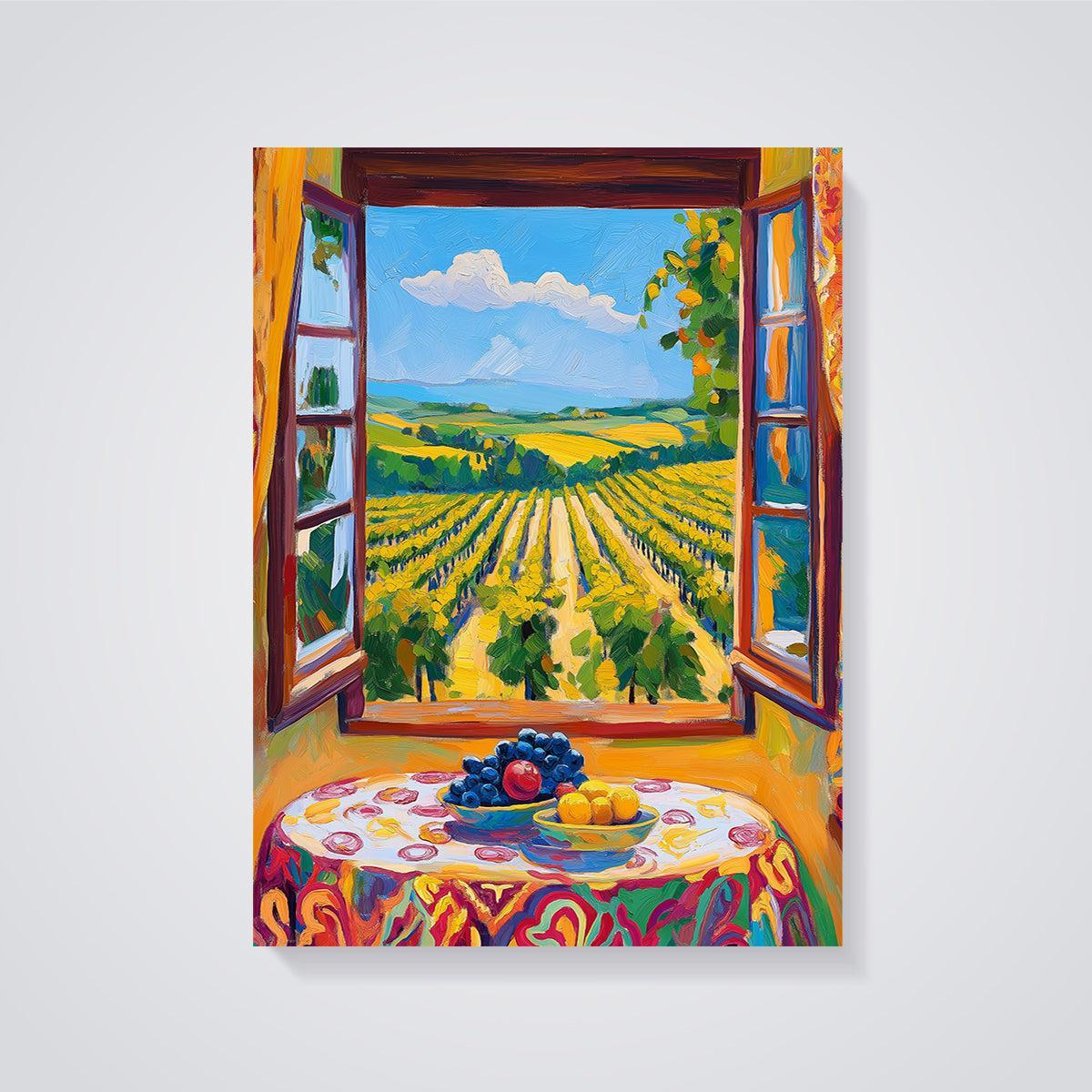 Colorful Vineyard Window View Print unframed on a grey background