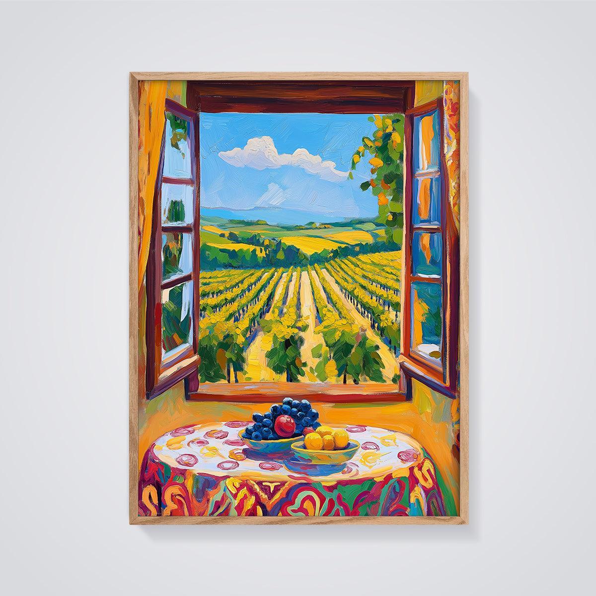 Colorful Vineyard Window View Print framed in oak on a grey background