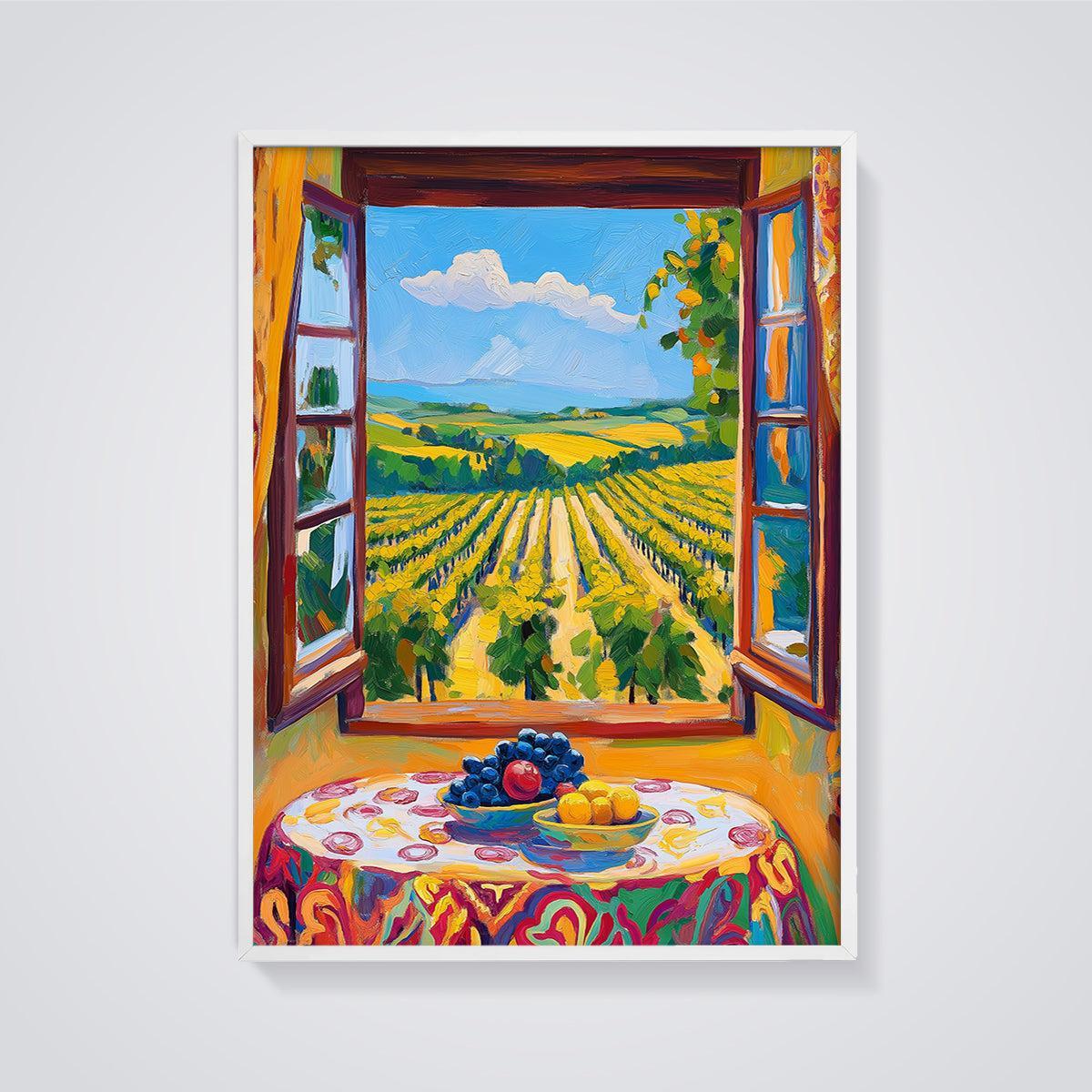 Colorful Vineyard Window View Print framed in white on a grey background