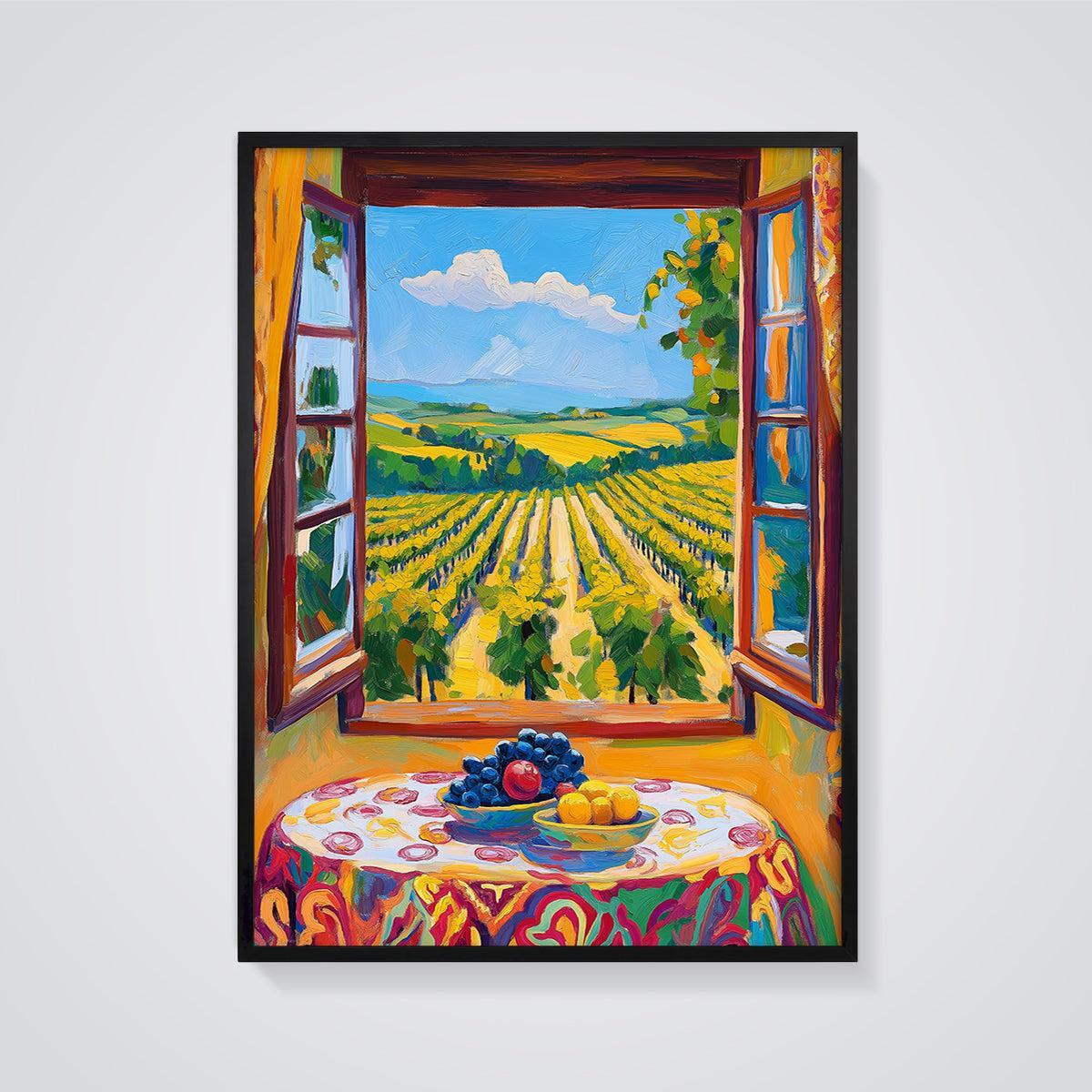Colorful Vineyard Window View Print framed in black on a grey background