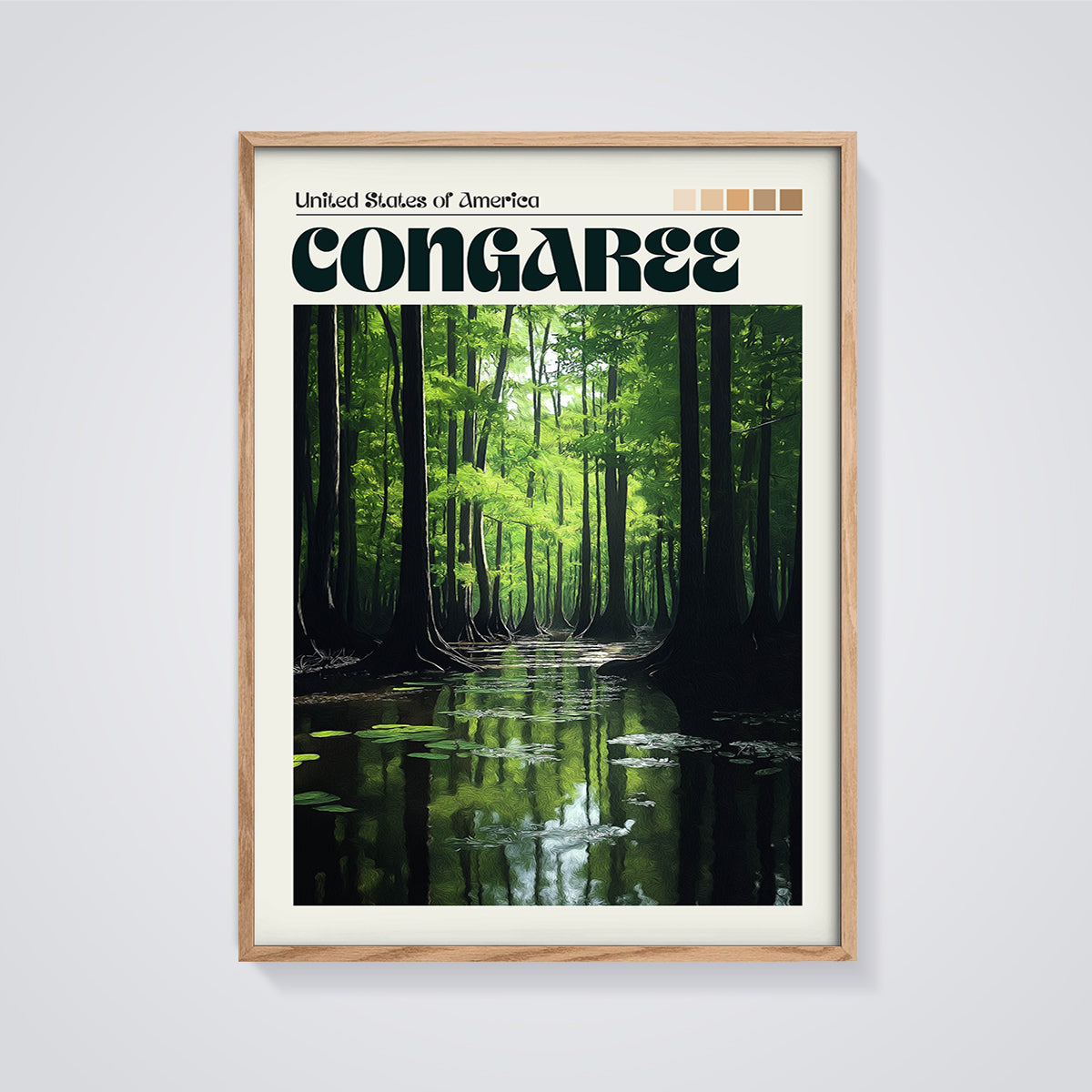 Congaree Swamp Forest Print framed in oak on a grey background