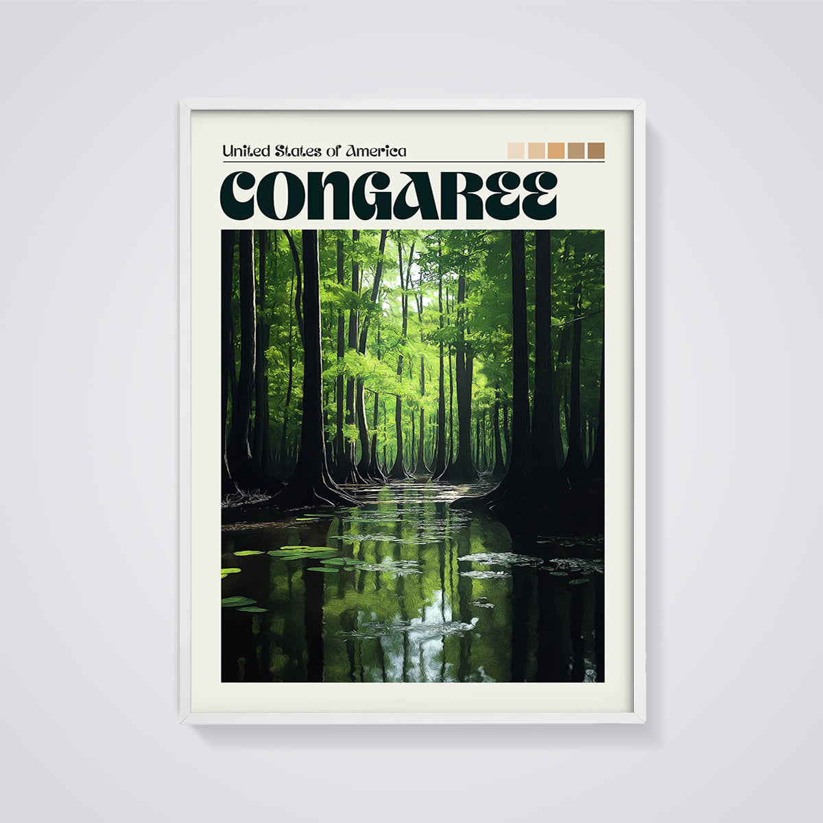 Congaree Swamp Forest Print framed in white on a grey background
