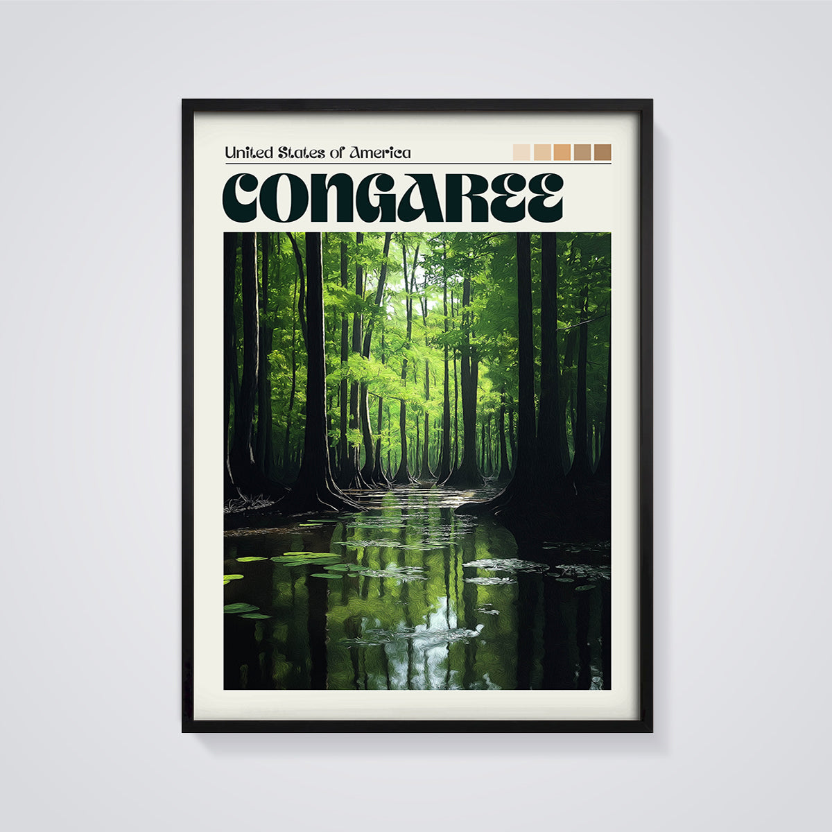 Congaree Swamp Forest Print framed in black on a grey background