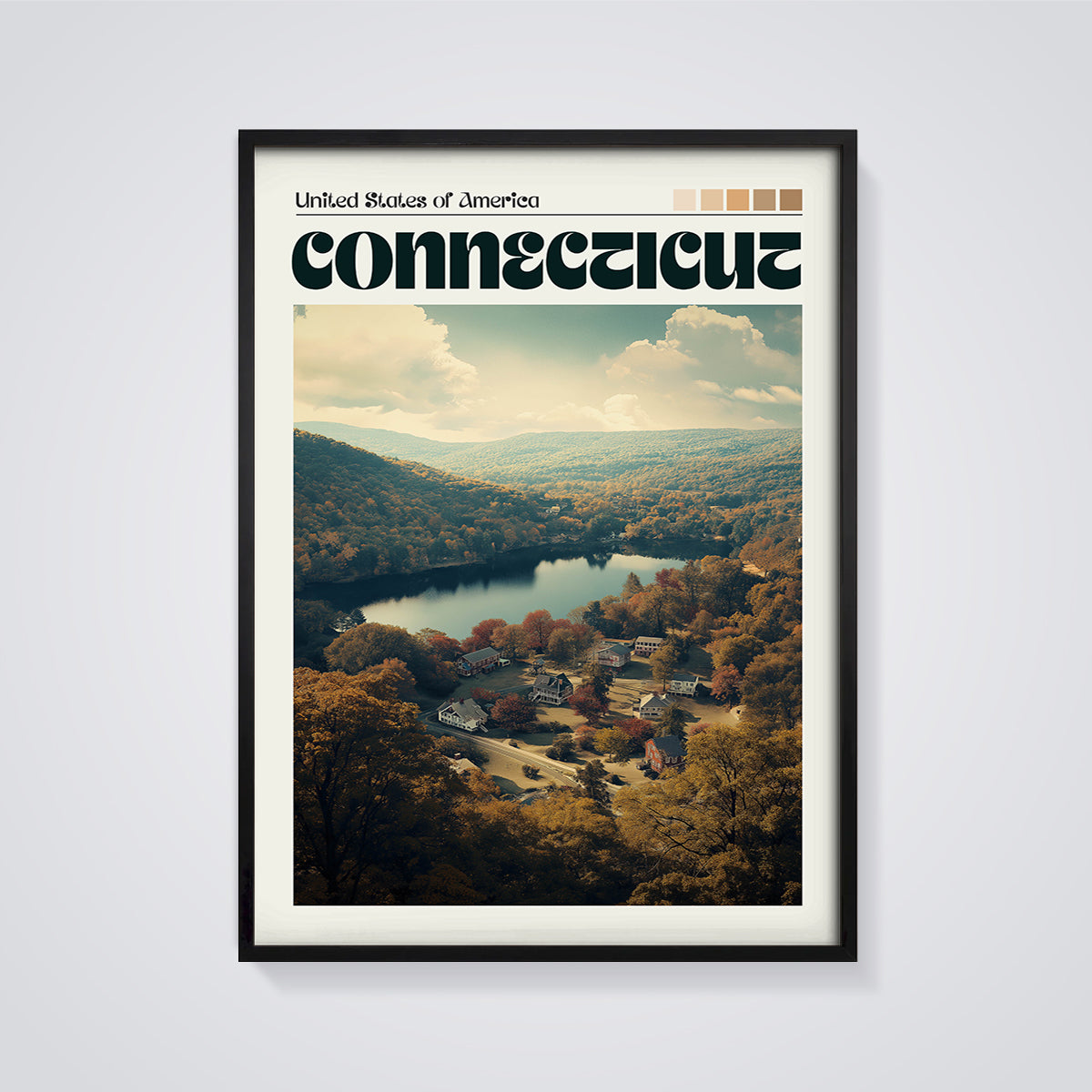 Connecticut Lake Valley Print framed in black on a grey background