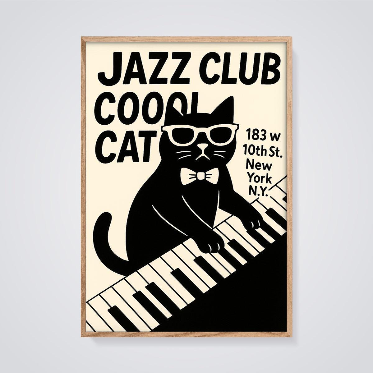 Cool Cat Jazz Club Print framed in oak on a grey background