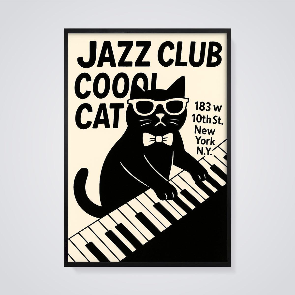 Cool Cat Jazz Club Print framed in black on a grey background