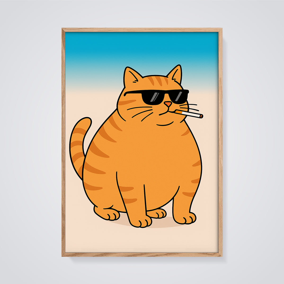 Cool Cat with Cigarette Print framed in oak on a grey background