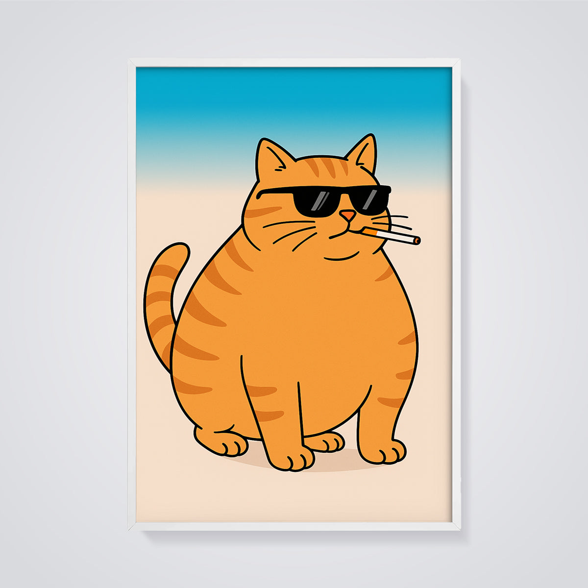 Cool Cat with Cigarette Print framed in white on a grey background