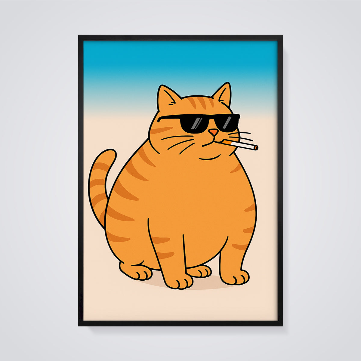 Cool Cat with Cigarette Print framed in black on a grey background
