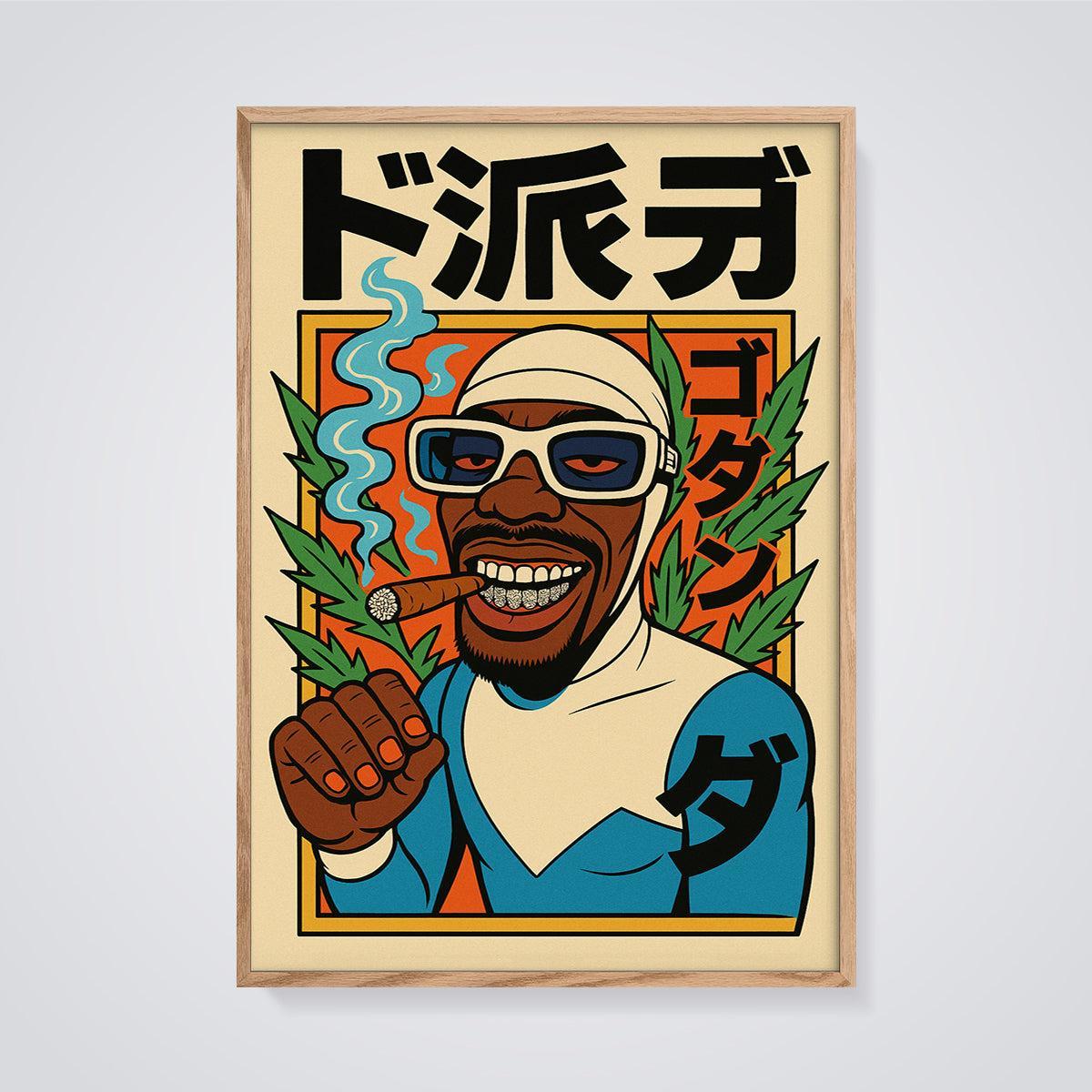 Cool Character with Blunt & Grillz Print framed in oak on a grey background