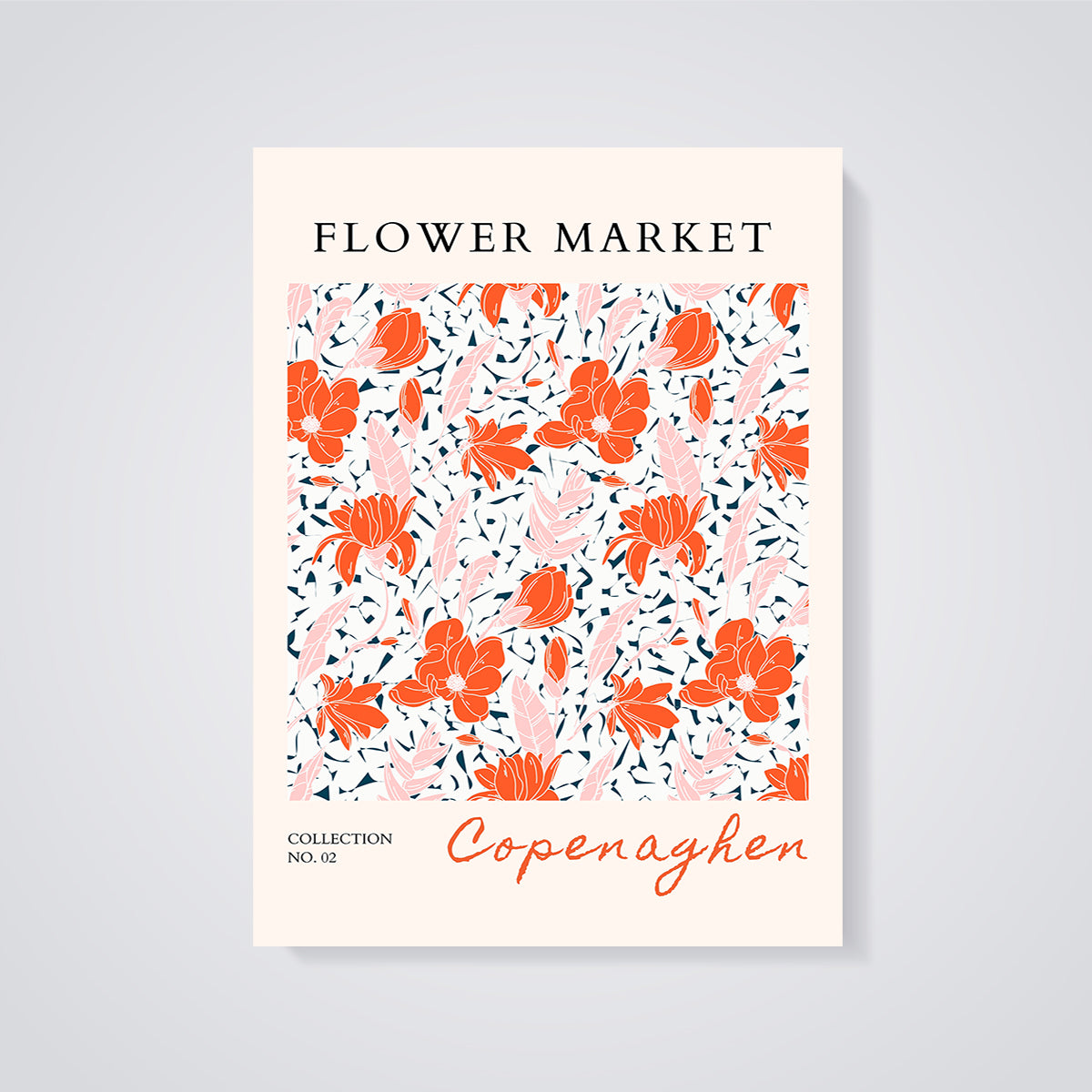 Copenaghen Flower Market Floral Print unframed on a grey background