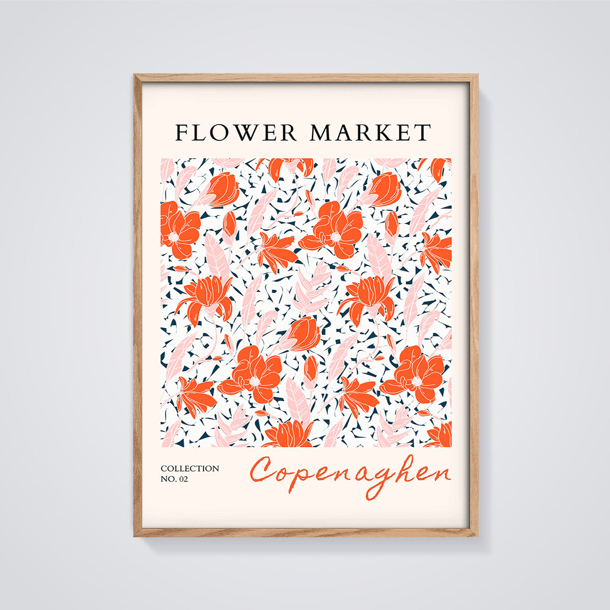 Copenaghen Flower Market Floral Print framed in oak on a grey background