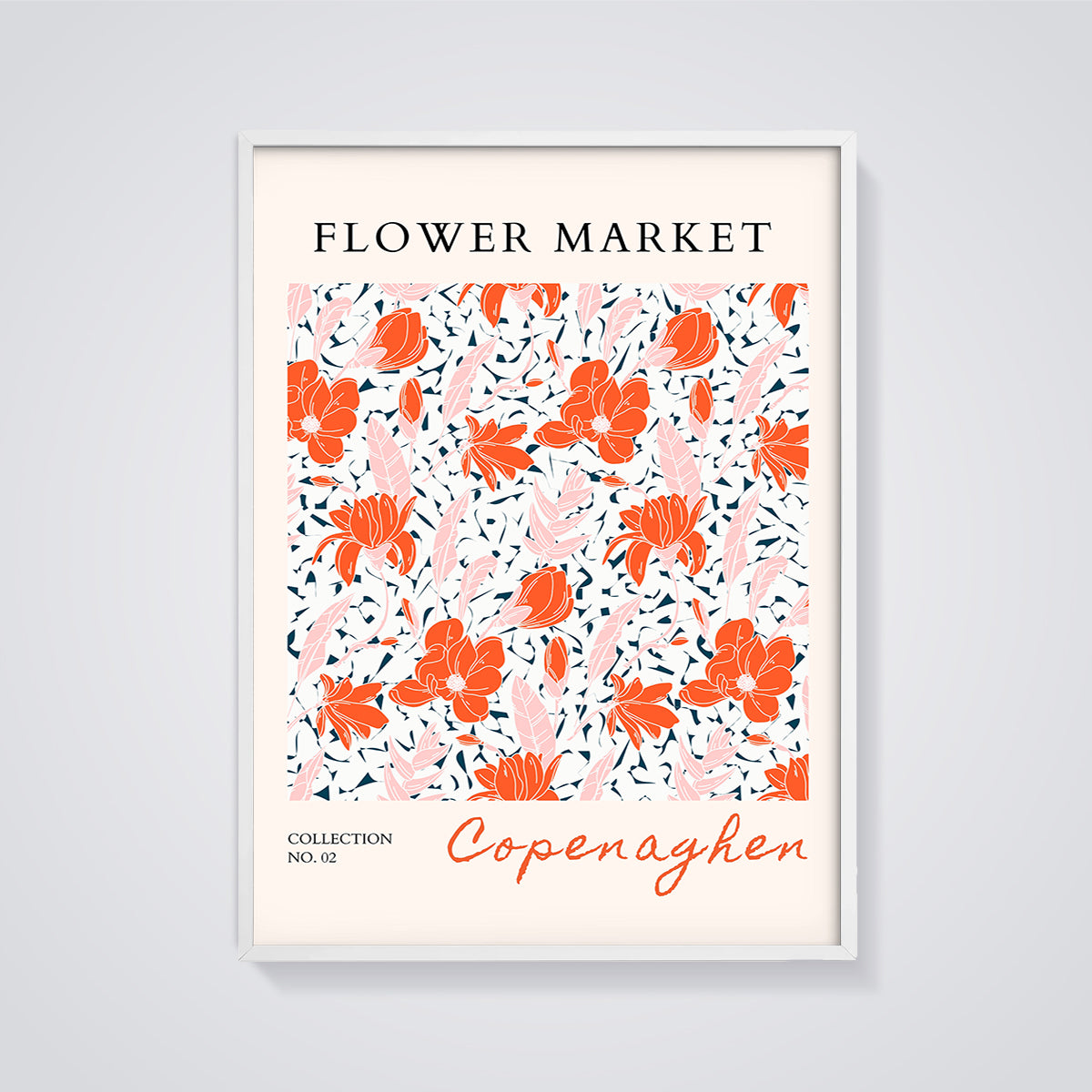 Copenaghen Flower Market Floral Print framed in white on a grey background